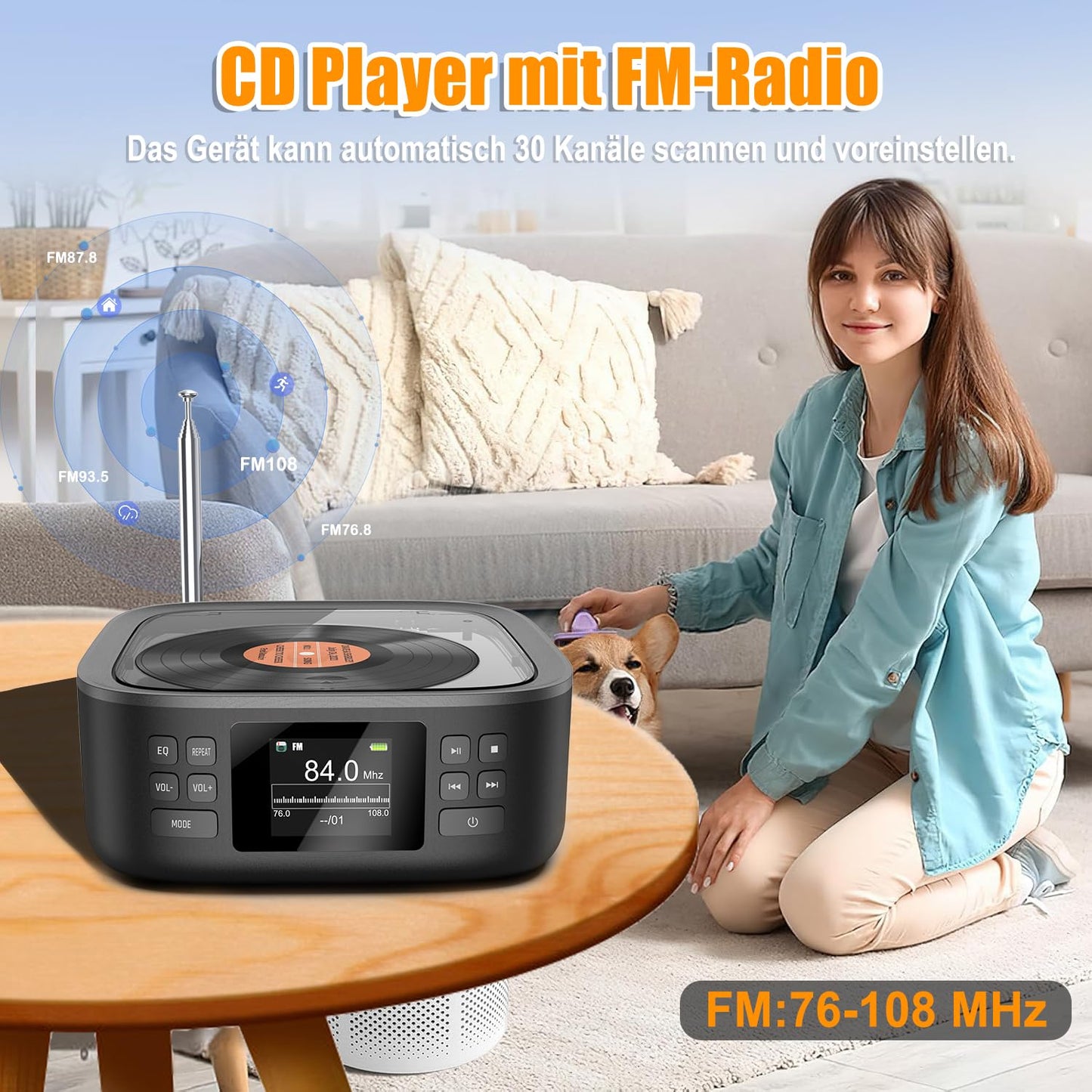 Portable CD player, CCHKFEI Boombox Portable CD player Bluetooth & FM radio with dual stereo speakers support USB/AUX headphone jack Discman Rechargeable CD player Portable.