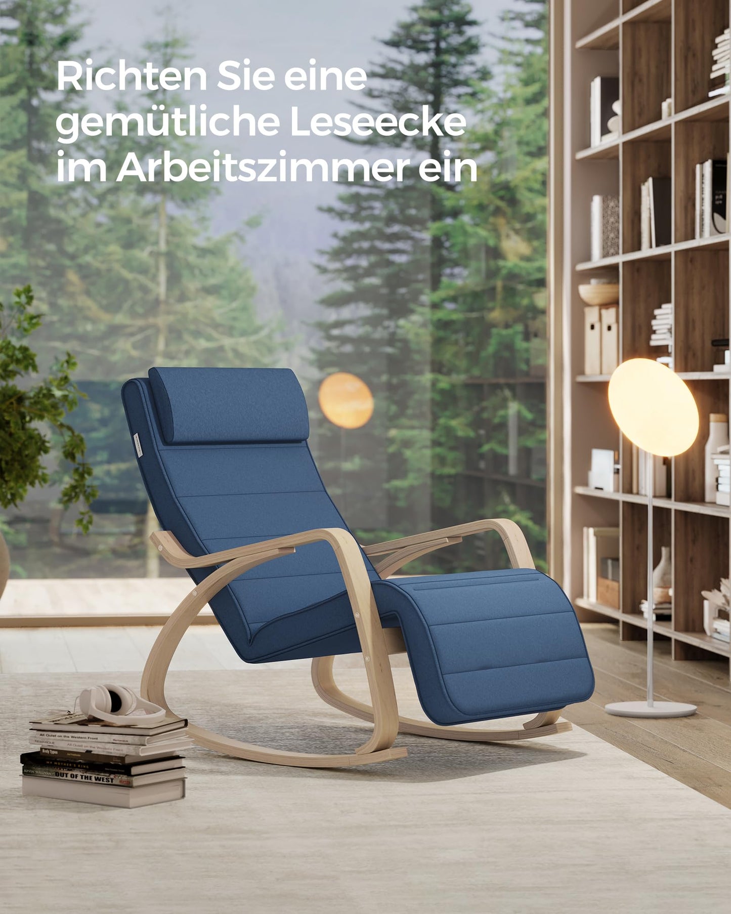 SONGMICS rocking chair with birch armrests, rocking armchair, 5-position adjustable footrest, up to 150 kg load capacity, for bedroom, living room, midnight blue-natural LYY010Q01