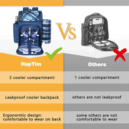Hap Tim picnic basket backpack for 2 people with insulated leakproof cooler compartment, wine holder, fleece blanket, cutlery set, perfect for beach camping party (EU-36083-BL)