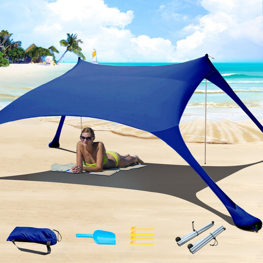 Cuupo Beach Tent, Pop-Up, 2x2.1m, SPF 50, Lycra, sun protection, outdoor, anti-wind, sun shelter with stability poles, backyard with beach blanket Navy Blue