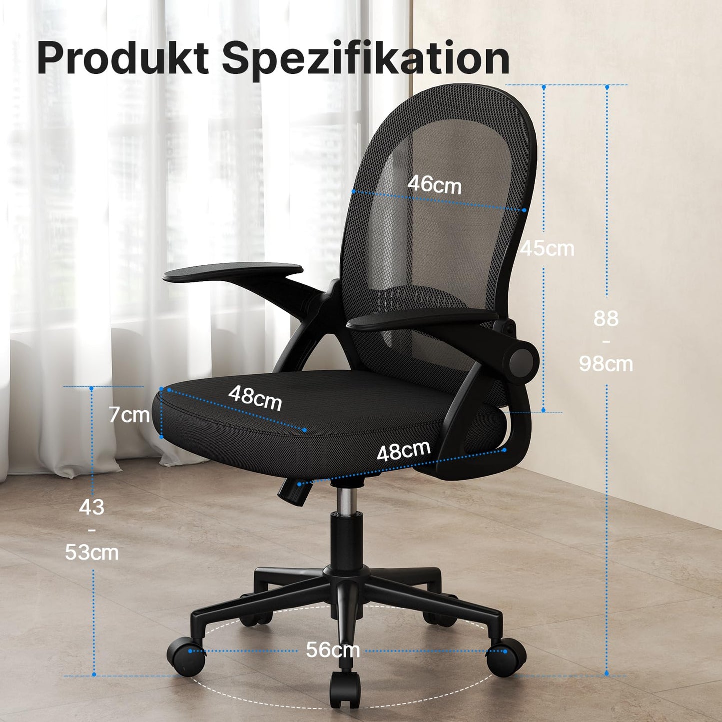 naspaluro office chair, Ergonomic desk chair with breathable mesh backrest, Foldable armrests, Height adjustable, Computer chair, Lightweight chair, 360° swivel chair, Black