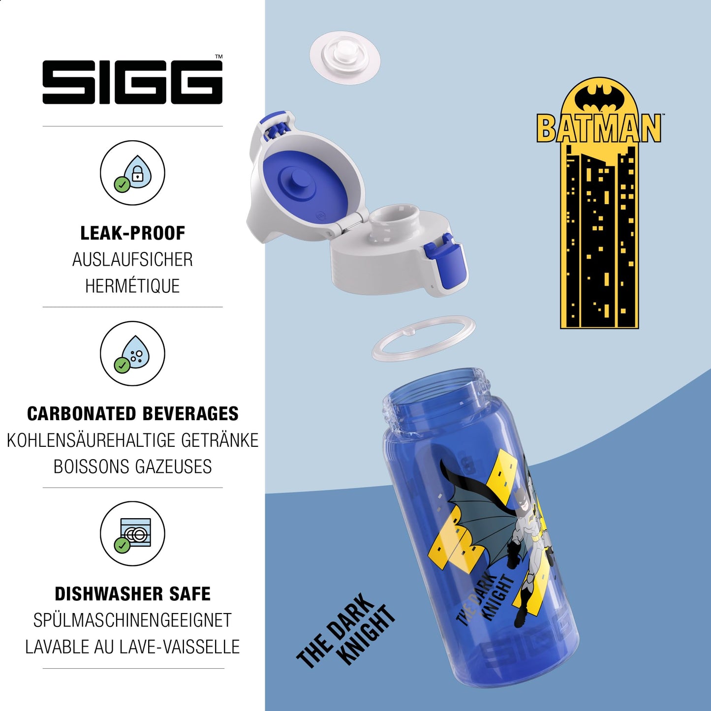 SIGG - Kids Water Bottle - Viva One - Batman - Suitable for Carbonated Drinks - Leak-proof - Dishwasher Safe - BPA Free - Sports & School - Blue - 0.5L