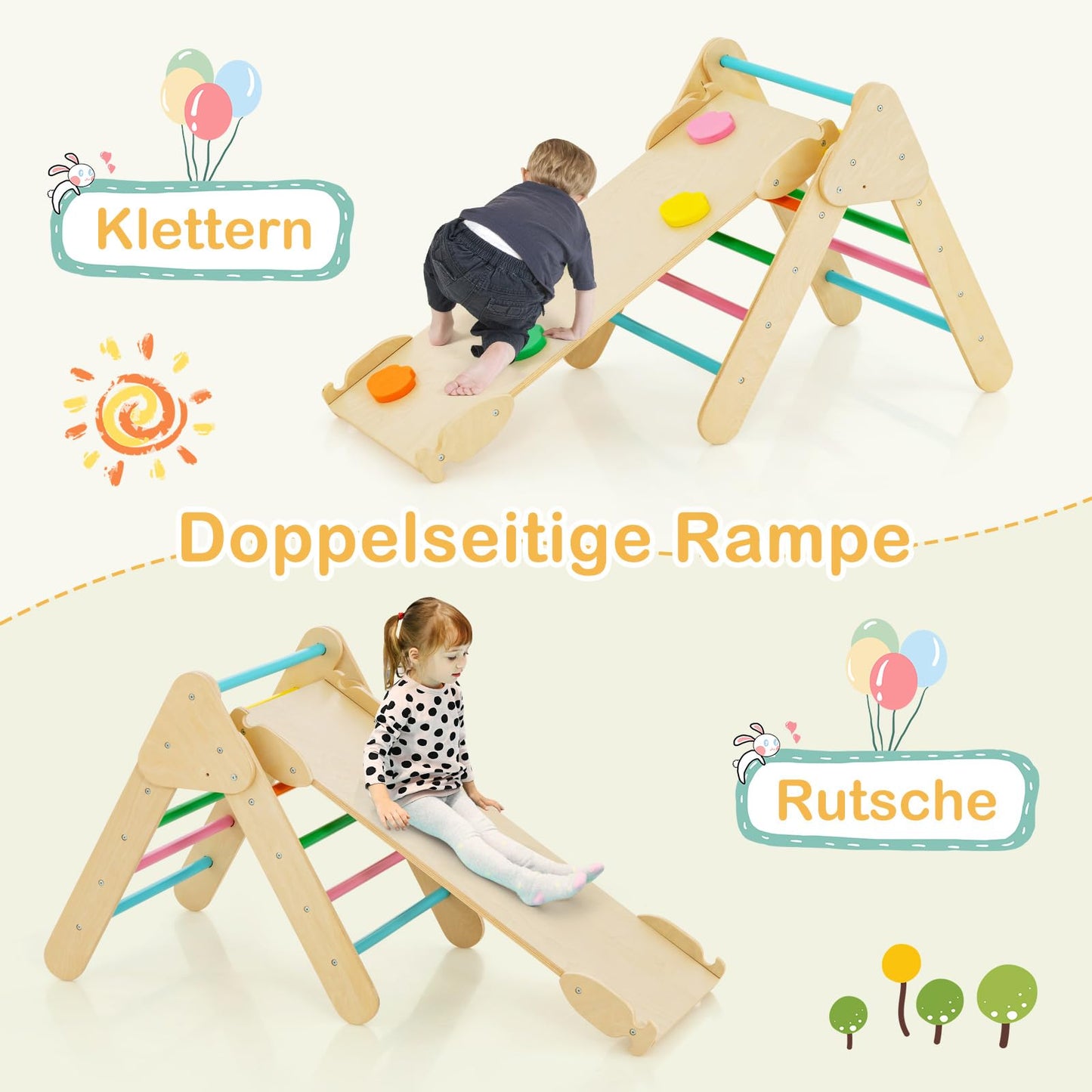 COSTWAY Climbing Triangle with Slide, Climbing Arch, including double-sided ramp, for climbing, sliding, and rocking, 4 in 1 indoor climbing frame for ages 1 and up (Multicolor)