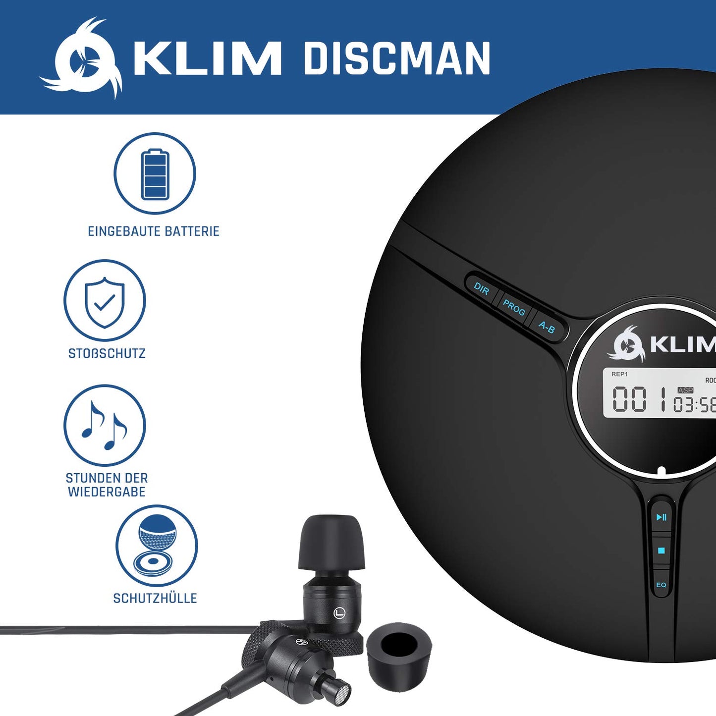 KLIM Discman - Portable CD Player with built-in battery - NEW - includes KLIM Fusion headphones Compact Mini Portable CD Player, compatible with CD-R, CD-RW and MP3 - Discman CD Player - Black