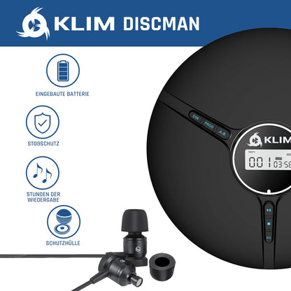 KLIM Discman - Portable CD Player with built-in battery - NEW - includes KLIM Fusion headphones Compact Mini Portable CD Player, compatible with CD-R, CD-RW and MP3 - Discman CD Player - Black