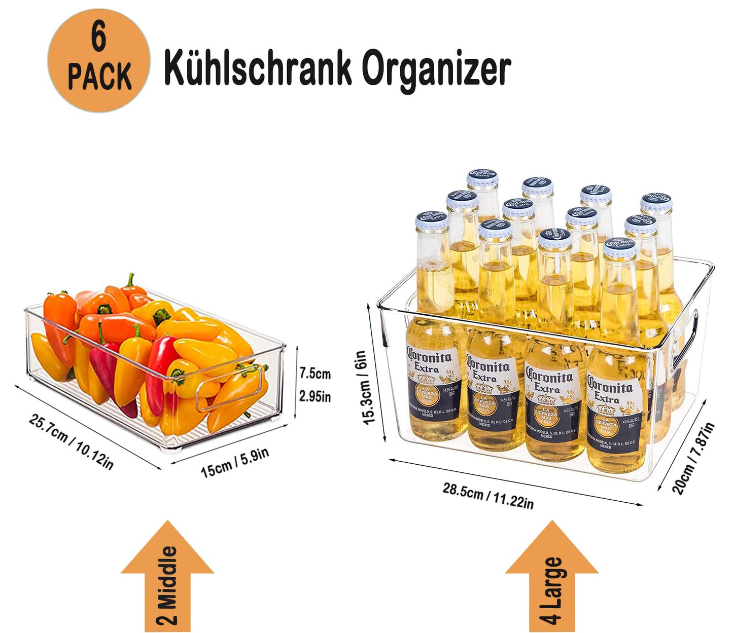 Refrigerator Organizer 6-Pack (4 Large/2 Medium), Pantry Storage Containers with Handles, High-Quality Transparent Storage Box Organizer, Ideal for Kitchen, Refrigerator, Office Supplies, Cabinets - BPA Free