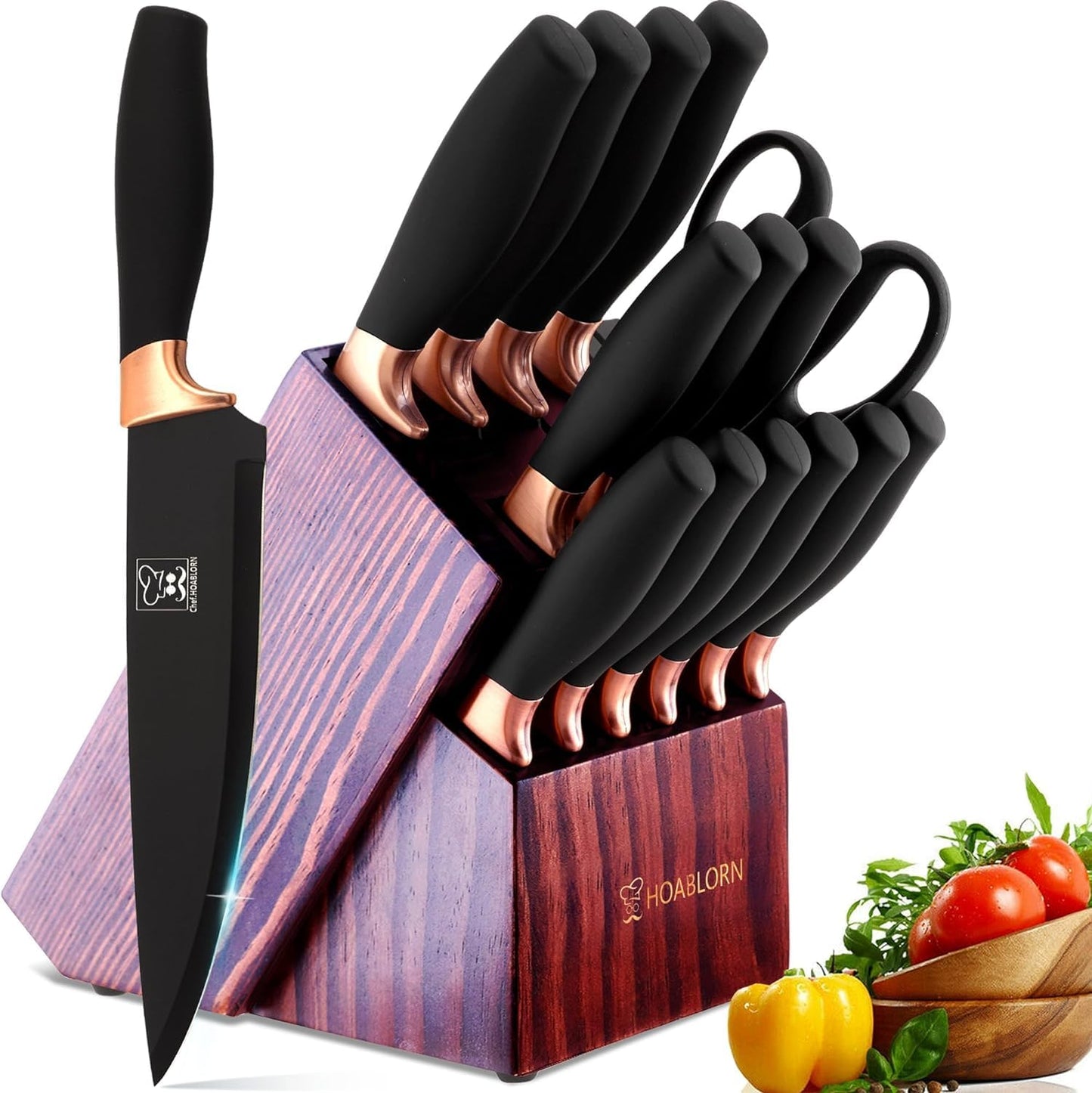 Chefhoablorn 15-PC Knife Block Set, Sharp Stainless Steel Chef Knives for Housewarming Wedding Gift