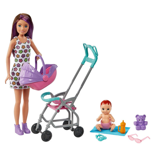 Barbie Skipper Babysitter Inc, Skipper with brown and purple hair, baby, stroller, baby carrier, accessories, total of 2 dolls, gift for kids, toy for ages 3+, GXT34