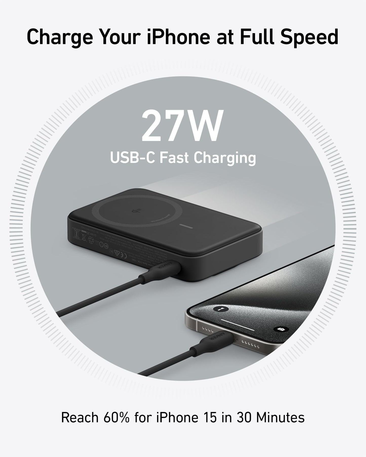 Anchor MagGo Powerbank, Qi2-certified 15W ultra-fast MagSafe compatible portable charger, 10,000mAh battery with smart display & foldable stand, for iPhone 17/16/15/14, incl. USB-C cable