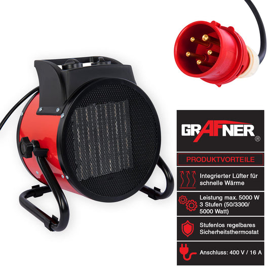 Grafner Electric Turbo Heater Fan 5 kW, 400 volts, thermostat, 3 heat settings, powerful fan, ceramic PTC element, construction site electric heater tent heater electric fan heater.