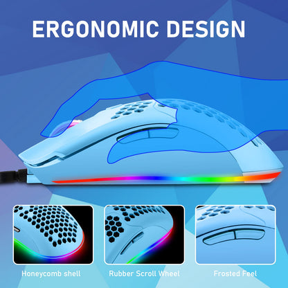 60% mechanical gaming keyboard, blue switch, mini-68 keys, wired, Type C, 18 backlight effects + lightweight optical RGB mouse with 6400 dpi, honeycomb mouse + large mousepad - Blue