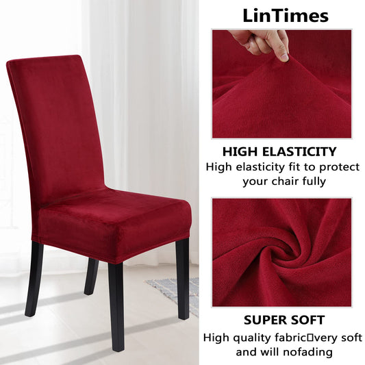 LinTimes Velvet Dining Chair Covers Stretch Chair Covers for Dining Room Velvet Chair Protection Covers Slipcover for Hotel Ceremony, Thick, Soft, Modern Style, 4-Pack Peacock Burgundy