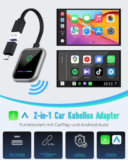 Android Auto & Carplay Wireless Adapter: 2 IN 1 Mini Wireless Adapter for converting Wired Android Auto/Carplay to wireless, USB/Type C Plug and Play, Stable Automatic Connection