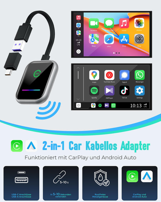 Android Auto & Carplay Wireless Adapter: 2 IN 1 Mini Wireless Adapter for converting Wired Android Auto/Carplay to wireless, USB/Type C Plug and Play, Stable Automatic Connection