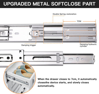HLC Full Extension Drawer Slides 6 pairs (12 pieces), 50cm Soft Close Slides for Drawers, Ball Bearing Slides 3-fold fully extendable Side Mount Drawer Guides.