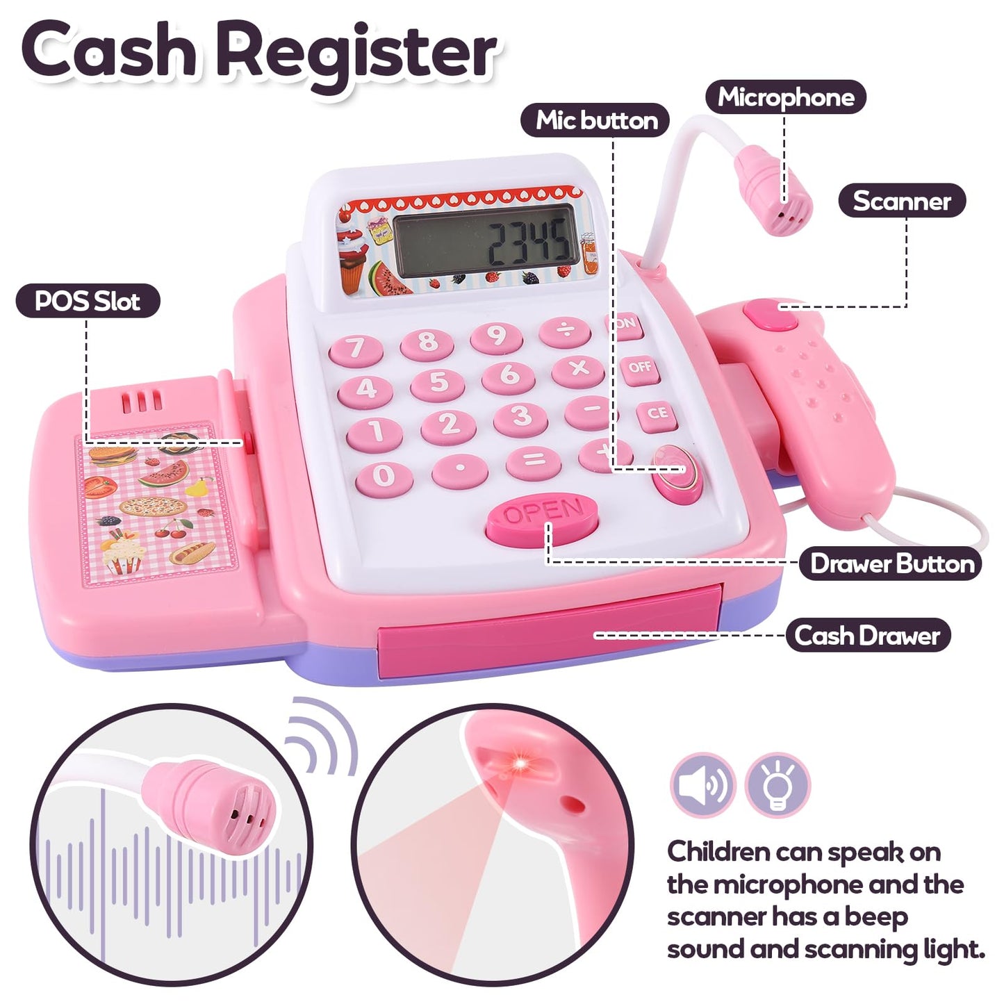 Toy cash register for children with scanner and sound, toy shop accessories, toy cash register, toy supermarket role-play gift for girls and boys aged 3 and up