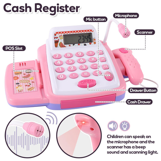Toy cash register for children with scanner and sound, toy shop accessories, toy cash register, toy supermarket role-play gift for girls and boys aged 3 and up