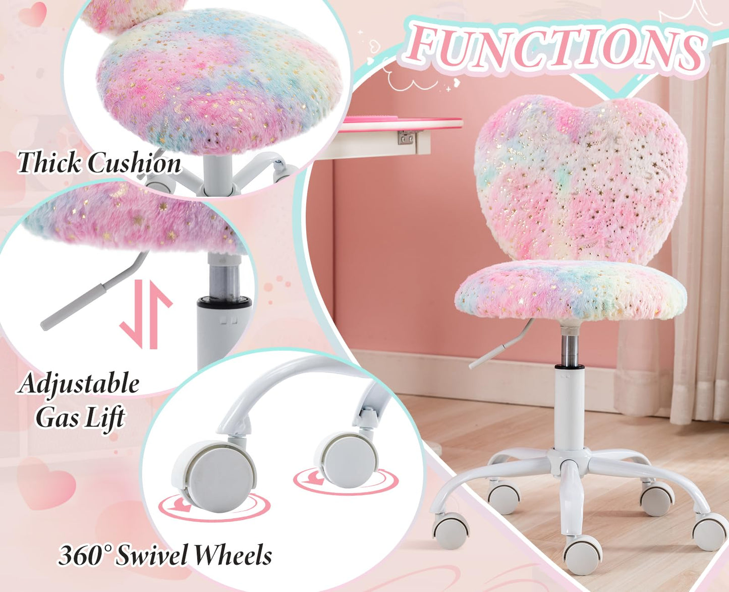 Chairus kids' desk chair made of faux fur. Adjustable height swivel chair without armrests. Study chair computer chair with heart-shaped backrest (Colourful)