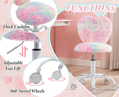 Chairus kids' desk chair made of faux fur. Adjustable height swivel chair without armrests. Study chair computer chair with heart-shaped backrest (Colourful)