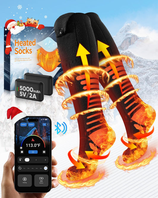 2025 Upgraded Heated Socks with APP Control, 5000mAh 5V Rechargeable Heating Socks, 3 Heat Settings & 360° Heating Heated Socks, Washable Heated Socks for Men Women for Skiing Hunting.