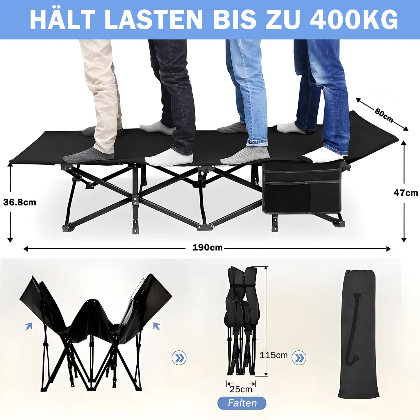 Newfulam folding cot with XXL mattress, 400KG max load, foldable guest bed with mattress, side pocket, carrying bags, portable folding bed for camping, outdoor, office, garden, home nap.