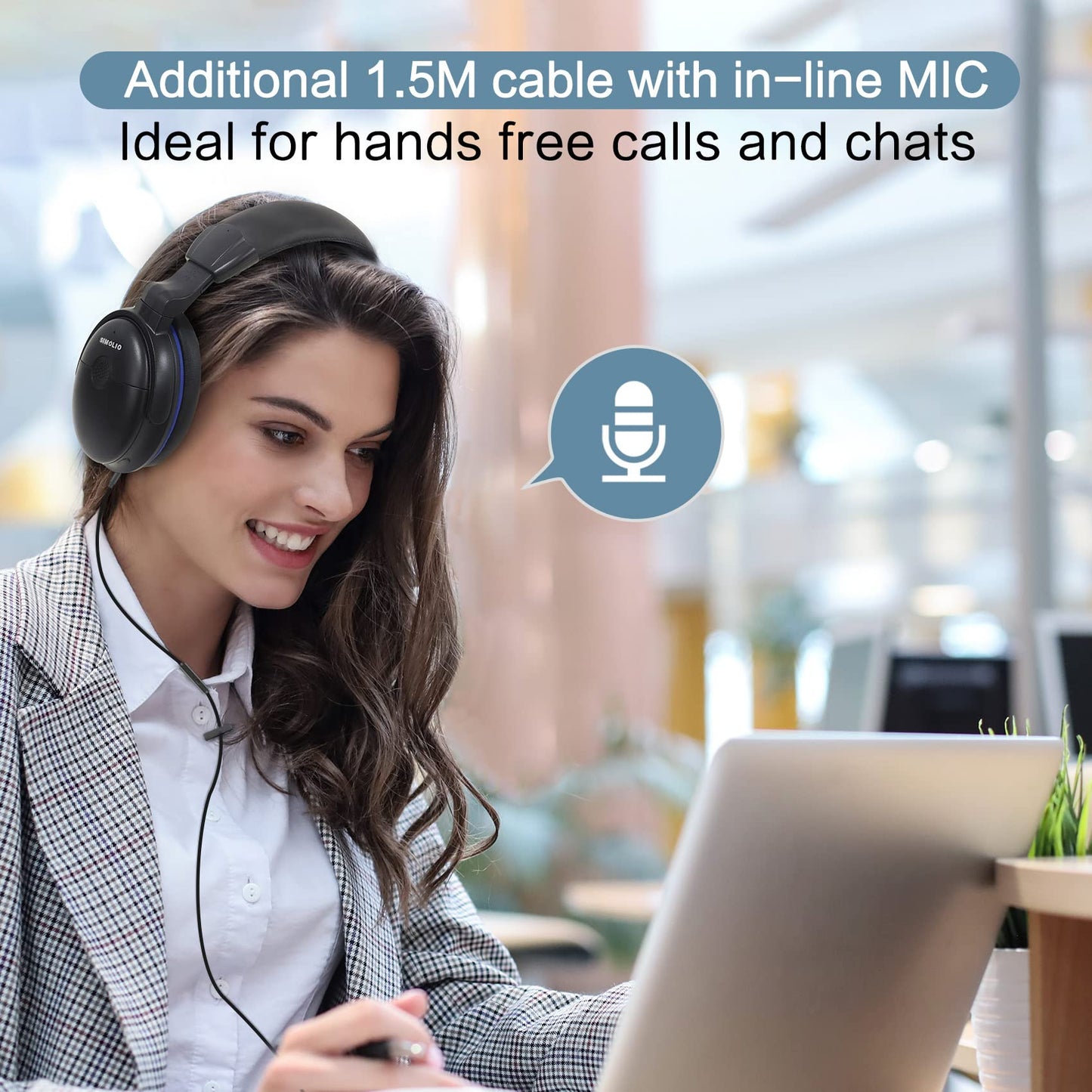 SIMOLIO TV headphones with long cable, over-ear headset for TV with sound amplification, tone and volume controls, 18ft coiled cable with clip, 3.5mm AUX & RCA audio, 40 hours playback time, SM-905TV.