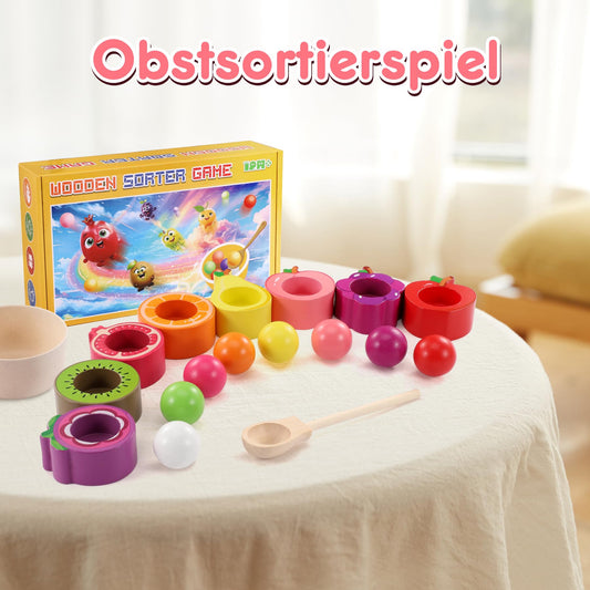 Montessori toys for 1 2 3 year olds, baby motor skills toy fruit wooden toy for color sorting and counting, gift for girls boys 1 2 3 years