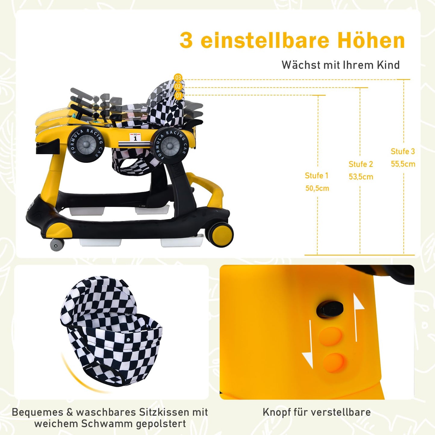 COSTWAY 4 in 1 baby walker, foldable with adjustable height & speed, car-shaped design with music box, lights & wheels, suitable for babies from 6 months, can hold up to 12kg weight (yellow)