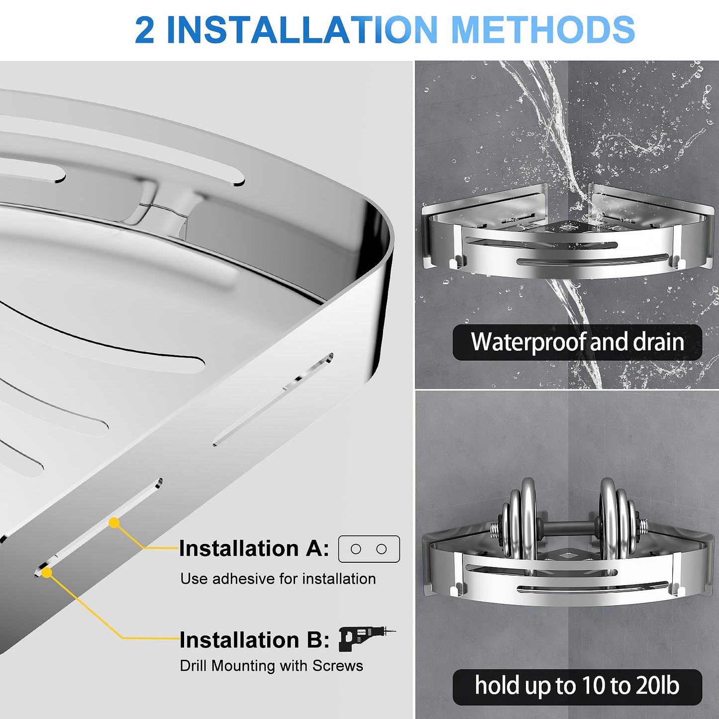 PNNP Shower Caddy Without Drilling Corner: Shower Shelf Stainless Steel 2 Pieces Shower Basket Self-Adhesive With 4 Hooks Bathroom Shelf for shower storage Shampoo and Shower Gel (Silver)