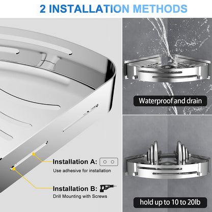 PNNP Shower Caddy Without Drilling Corner: Shower Shelf Stainless Steel 2 Pieces Shower Basket Self-Adhesive With 4 Hooks Bathroom Shelf for shower storage Shampoo and Shower Gel (Silver)