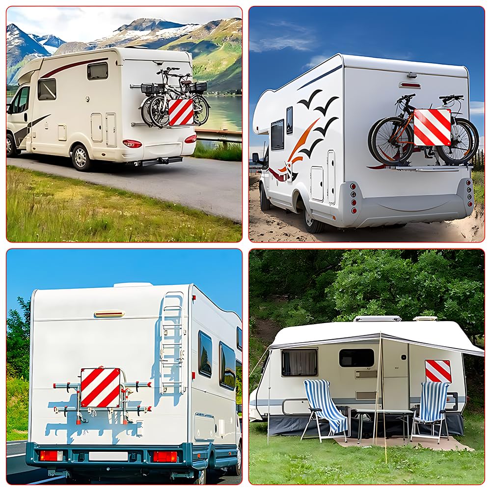 HOVCEH 2in1 warning sign Italy and Spain, 50 x 50 cm warning sign for bike carriers made of aluminum with 4 tension ropes. Warning sign for bike carriers in Italy for motorhomes, bike carriers, caravans, rear carriers.