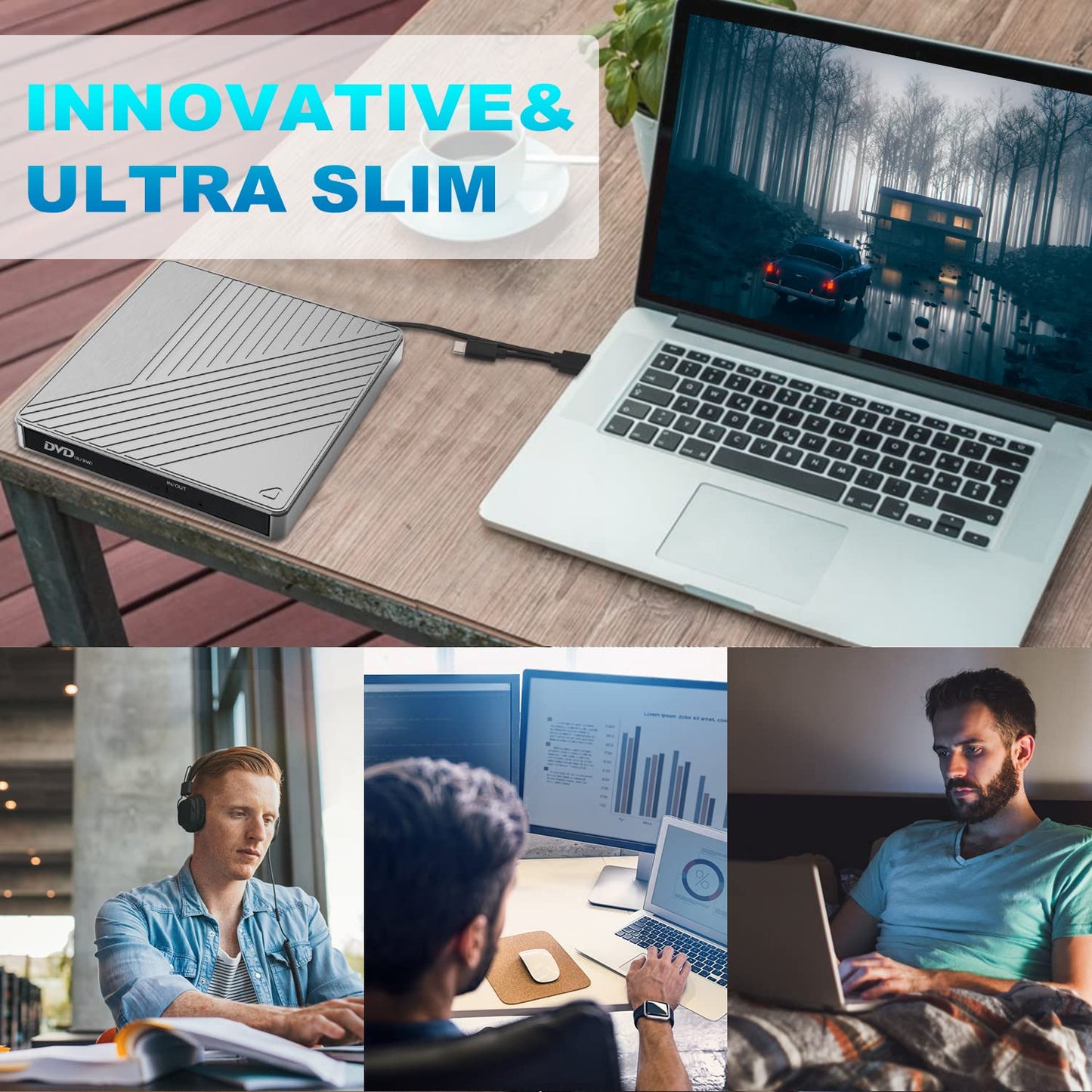 External CD DVD drive USB 3.0 Type-C, External with SD/TF card reader Portable RW burner, Fast data transfer for laptop, desktop, MacBook, Win11/10/8/7/XP, Linux, Mac OS, Vista