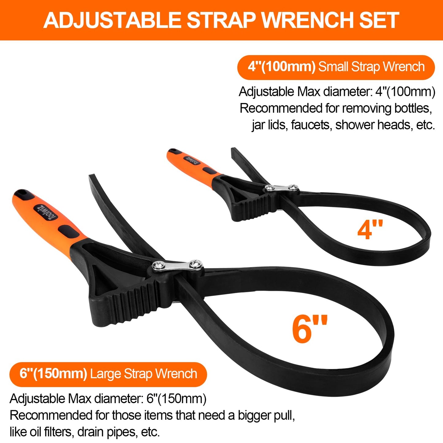 Toolwiz band wrench set, 2-piece oil filter wrench set, universal rubber band wrench for glass opening, pipe wrench, plumbing - Orange