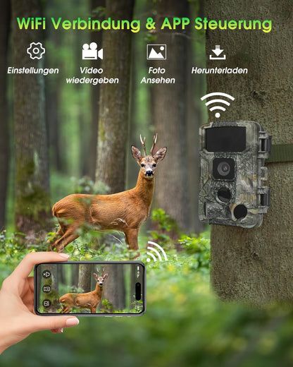 KJK wildlife camera with mobile transmission APP, 4K 64MP HD WLAN Bluetooth with 64GB memory card, motion sensor night vision camera, 0.1s trigger, IP67 waterproof, 130° wide angle