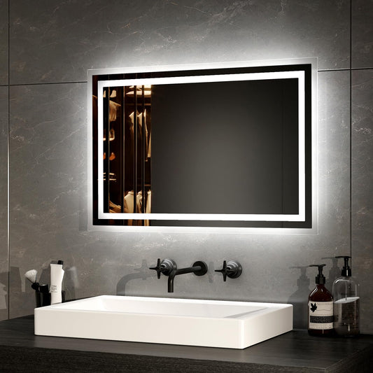 EMKE LED bathroom mirror with lighting 40x60cm. Anti-fog, cold and warm white light options. High-quality aluminum frame with IP44 rating. Energy-efficient with touch button switch.