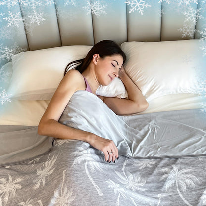 VK·LIVING Cooling Blanket for Bed & Heat-Stricken - Double-Sided Cooling Blanket with Q-Max 0.42 and Tropical Pattern, Lightweight Breathable Summer Blanket against Night Sweats for Sofa, Travel, 130x150cm Gray