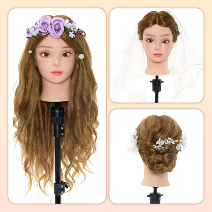Neverland 24 inch Makeup Head Styling Head Hairdresser with Stand 50% Human Hair Practice Head Training Heads Doll Head Barber Head Training Head With Holder + Hair Styling Braid Set