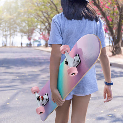 ILAHUI skateboard for teens, girls, kids, adults, beginners, 7 layers of maple wood, deck, 80 x 20 cm, bag, skateboard, rainbow powder