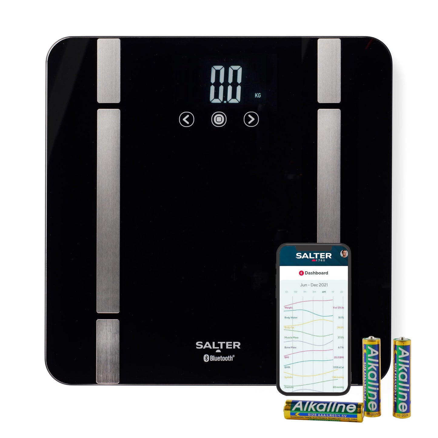 Salter SA00432FEU6 Bluetooth bathroom scale - body weight scale with max. capacity 200 kg, scale with 8-user memory, connect via Salter Health App to track health and fitness.