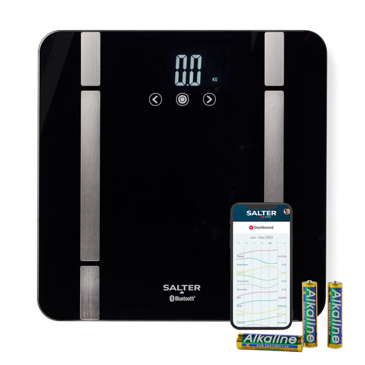 Salter SA00432FEU6 Bluetooth bathroom scale - body weight scale with max. capacity 200 kg, scale with 8-user memory, connect via Salter Health App to track health and fitness.