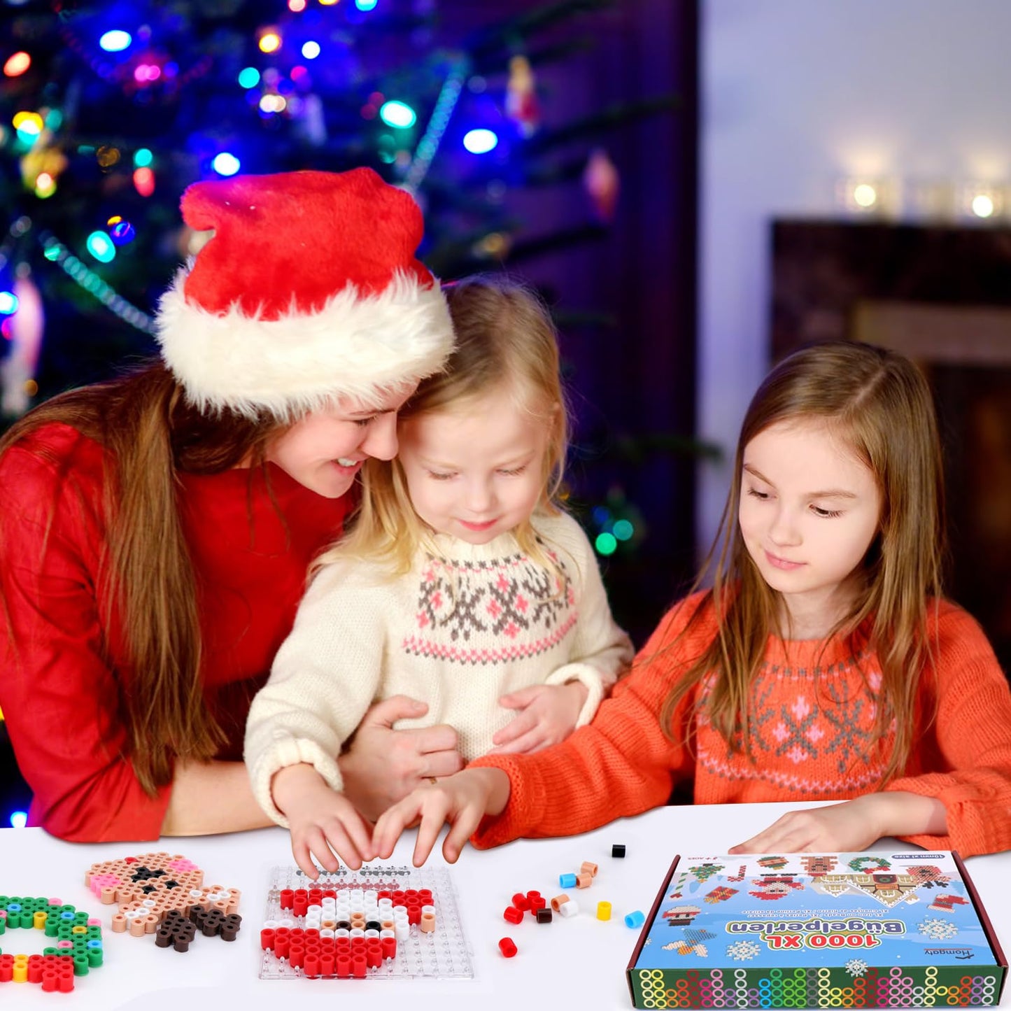 Homgaty Large 10mm Fuse Beads Christmas Set, 1000 Pieces XL Peg Beads with Boards, 12 Patterns and Ironing Paper, 9 Vibrant Colors XL Fuse Beads, Creative Bead Set for Kids 3+