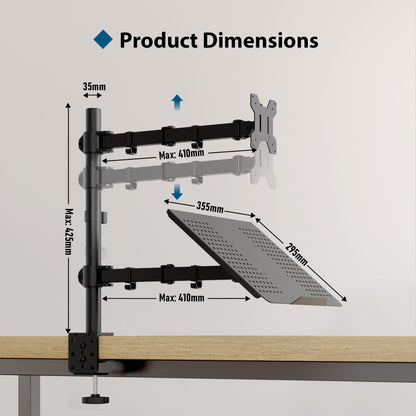 BONTEC Monitor Stand with Laptop Arm for 13-32 inch LCD LED Screen up to 15.6" Notebook, Tilt, Swivel, Monitor Laptop Mount Desk with Clamp, VESA 75x75-100x100mm.