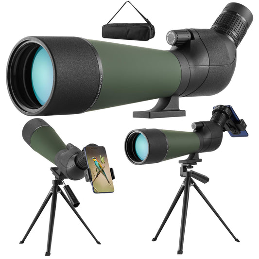 Spotting scope with tripod, 20-60X80 HD IPX7 waterproof scopes for bird watching. Comes with carrying case, FMC optics, angled Porro prism. Ideal for sports shooters, wildlife scenery.