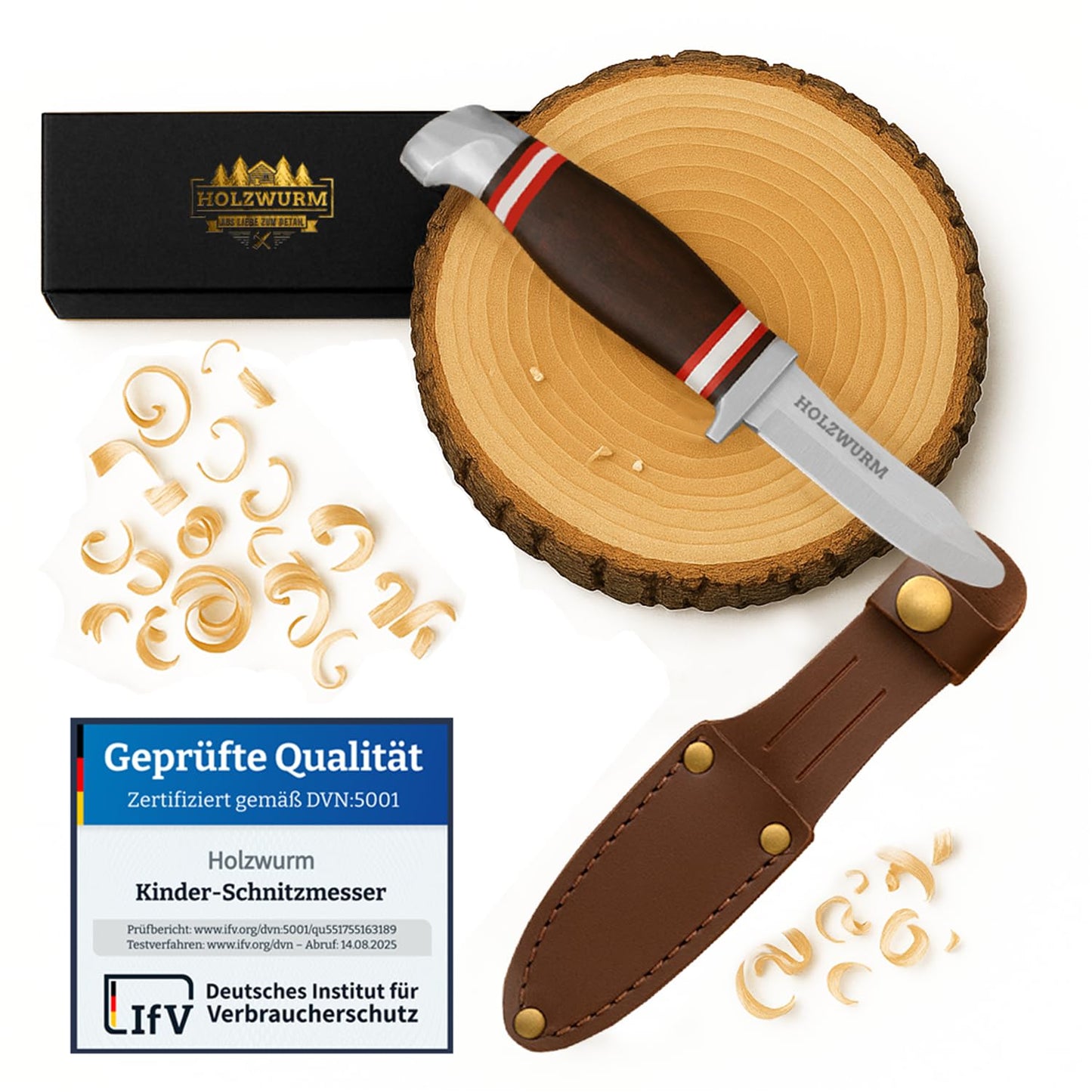 WOODWORM Children's Carving Knife in Leather Pouch, ideal pocket knife and outdoor knife for kids for carving (dark)