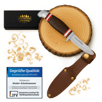 WOODWORM Children's Carving Knife in Leather Pouch, ideal pocket knife and outdoor knife for kids for carving (dark)