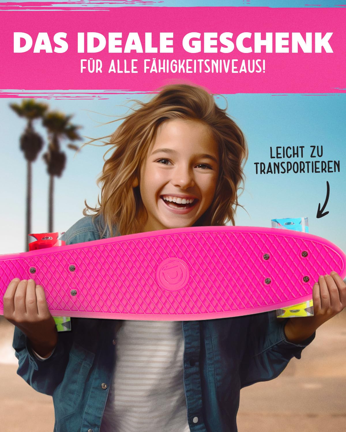 Deleven Skateboard with LED wheels, skate tool, and ABEC 7 bearings - for kids, adults, beginners - 56 cm.