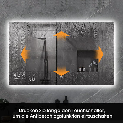 Goodbye cold LED bathroom mirror anti-fog 100x60CM, fog-free bathroom mirror with touch switch, wall mirror light mirror with date, smart mirror & integrated weather station, horizontal.