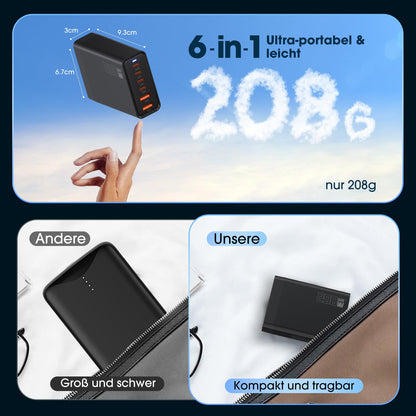 200W USB C charger, PD 100W fast charger 6 port charging station GaN-III Charger, power adapters compatible with MacBook Pro/Air, Dell XPS, iPhone 15/16/14/Pro, Samsung, Xiaomi, iPads, Steam Deck