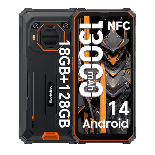 Blackview BV6200 Pro 13000mAh rugged phone without contract Android 14.18GB+128GB Waterproof outdoor smartphone with 98dB speaker, Helio P35 2.3Ghz, 6.56" HD+ display, dual 4G/OTG/GPS/13MP/NFC.
