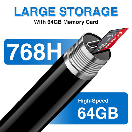 64GB voice recorder with 768 hours recording capacity, one-click recording, and 360° surround sound recording. Portable recording device for lectures, meetings.